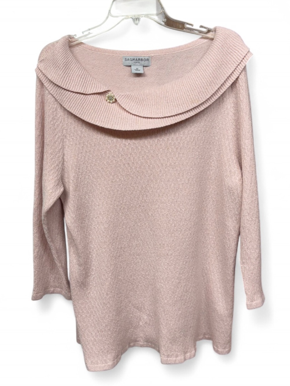 Sag Harbor Woman Pink Metallic Shimmer Portrait Collar Sweater Pearl Brooch 2X - Picture 1 of 6
